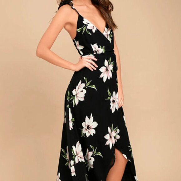 Lulus NWT All Mine Black Floral Print High-Low Lined Maxi Wrap Dress Size XS - Picture 1 of 15